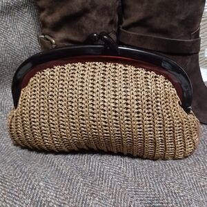 Woven Straw Frame Clutch - Brown
